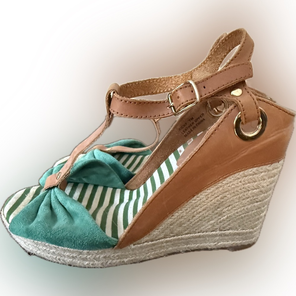 Kelsi Dagger Tan, White, and Teal Wedge Espadrille Sandals, Size 7